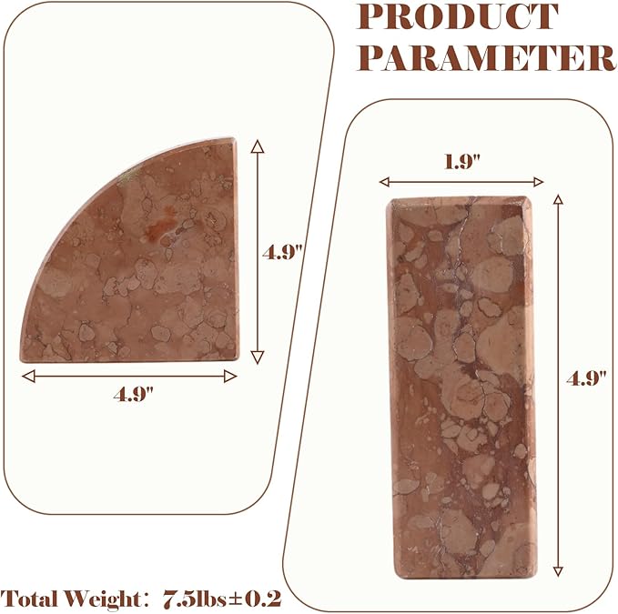 Marble Bookend for Shelves, Non-Skid Bookends for Heavy Books, Heavy Duty Book Stopper for CDs, Luxury Book Shelf Holder, Quarter Circle Design Book Ends Decorative, Perlino Rosato, Set of 2-Ruum Studio Home