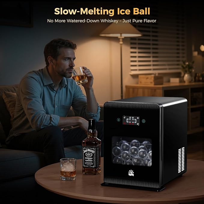 Whiskey Clear Ice-Ball Maker - 2" Slow-Melting Sphere Ice Maker, 4 pcs in 30 Mins 144 Pcs/Day, Round Cube Machine with Automatic Freeze Tech, Water Supply Self-Cleaning for Scotch, Bourbon-Ruum Studio Home