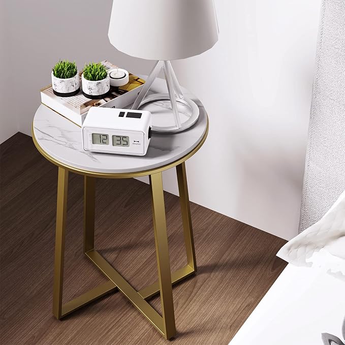 Round End Tables, Small Side Table White Marble Texture MDF Top,Metal Frame Gold Color, Tall End Table for Bed Room,Coffee Tea End Table for Living Room (White Marble+Gold)-Ruum Studio Home