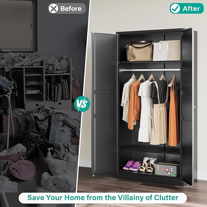 SISESOL Metal Wardrobe Cabinet with Hanging Rod,Black Armoire Wardrobe Closet,Metal Clothing Storage Cabinet with Adjustable Shelves and Doors,72" Cloth Storage Cabinets for Home,Living/Laundry Room-Ruum Studio Home