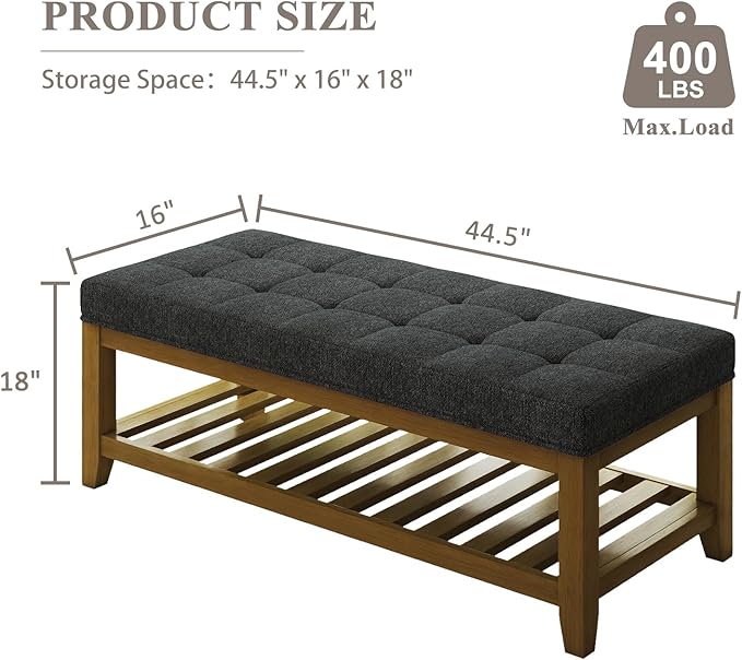 Large Rectangular Upholstered Ottoman Bench, Linen Tufted Footrest Ottoman with Solid Wood Shelf Storage Coffee Table for Bedroom Living Room, Dark Gary-Ruum Studio Home