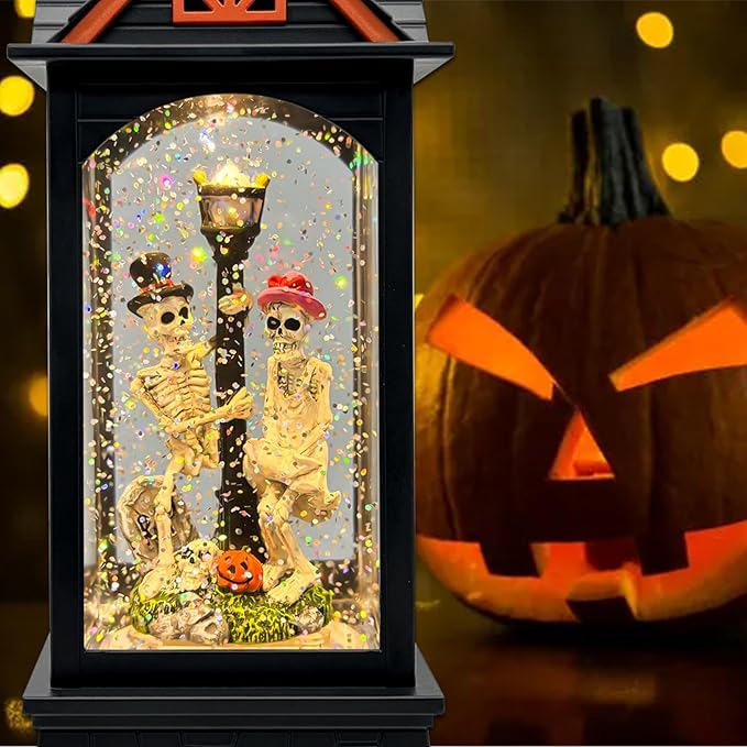 Halloween Snow Globe Lantern with 6 Hour Timer,Halloween Decorations Indoor for Home,Halloween Decor,USB or Battery Powered for Halloween Lanterns,Halloween Skeleton-A-Ruum Studio Home