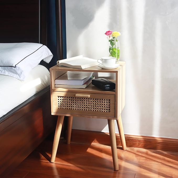 MaxSmeo Modern Nightstand Rattan Side End Table with Storage, for Living Room, Bedroom and Small Spaces, Accent Bedside Farmhouse Tables with Solid Wood Legs, Easy Assembly (Natural Walnut)-Ruum Studio Home