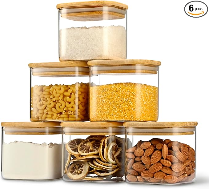 22oz Airtight Square Spice Containers with Bamboo Lid Set of 6 (650ml) Kitchen Pantry Organization Jar Stackable Spice Jar, for Sugar, Tea, Cookies and Coffee beans (‎with Black Lable)-Ruum Studio Home