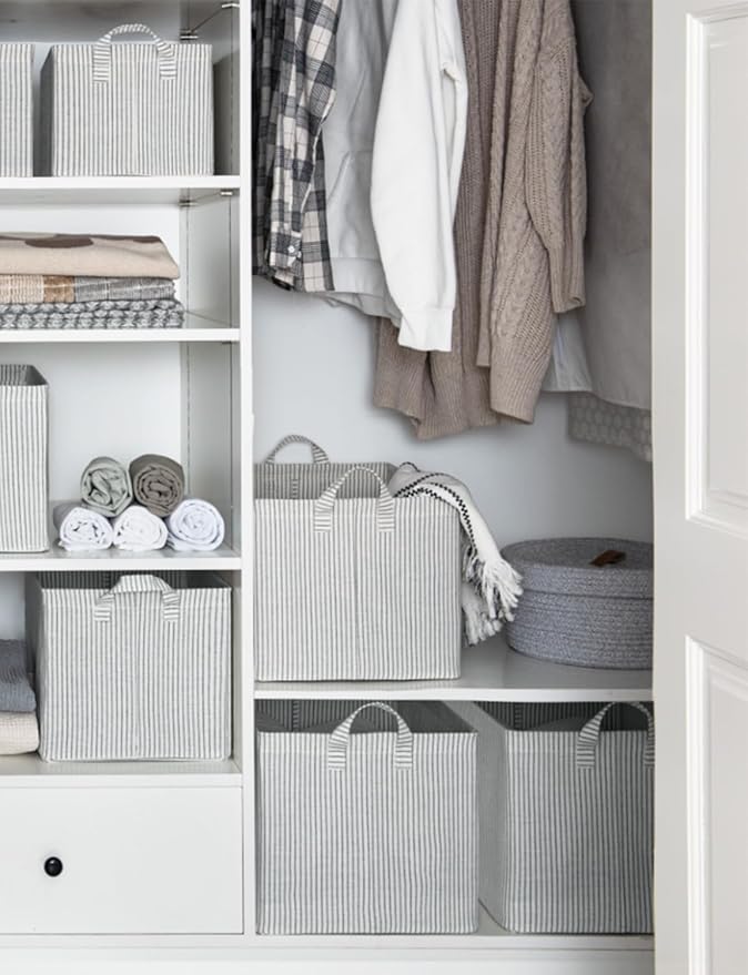 StorageWorks Storage Bins, Fabric Storage Bins for Shelves, Extra Large Storage Baskets with Metal Frame, Closet Baskets and Bins with Handles, Jumbo, Gray and White Stripes, 2-Pack-Ruum Studio Home