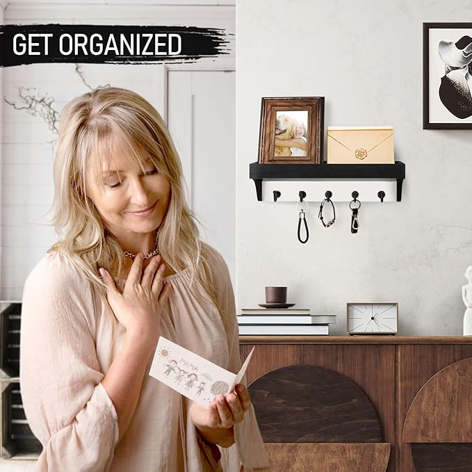 Rebee Vision Key Holder Wall Mount with Shelf - Decorative 2-Color Key Rack with 5 Rustic Key Hooks and Primitive Wood Mail Organizer Wall Mount - Modern Farmhouse Entryway Decor (Black & White)-Ruum Studio Home