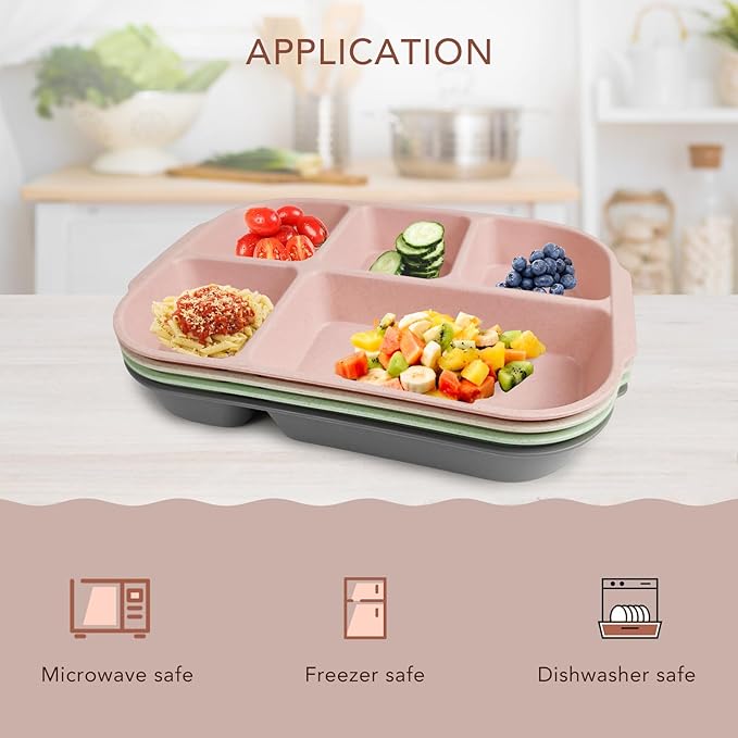 greenandlife 10.8 Inch 4PCS Divided Plates for Kids Adults, Portion Control Plates, Dishwasher & Microwave Safe Compartment Plate, Unbreakable Lightweight Reusable Wheat Straw Plates, INS-Ruum Studio Home