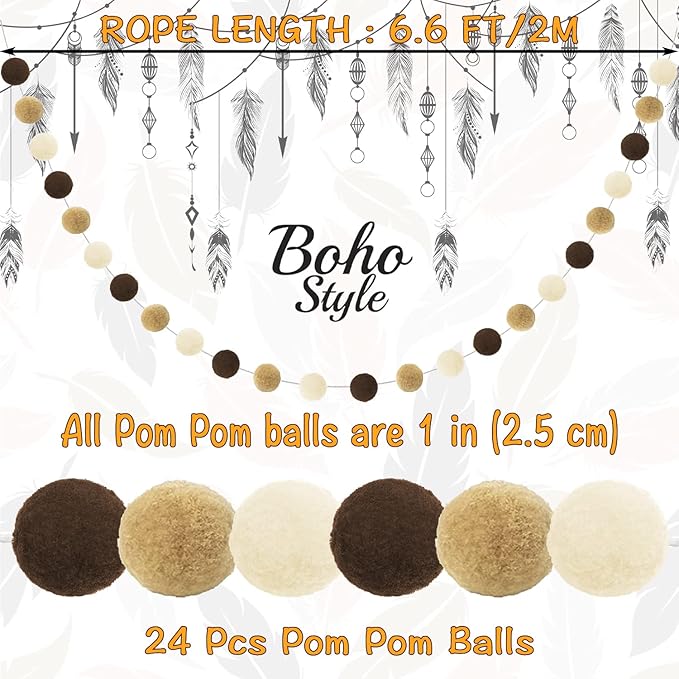 Jishi Pom Pom Garland Boho Party Decorations, 3-Pack Brown Khaki Beige Felt Ball Garland Cute Pastel Rainbow Pompom Strings, Christmas Birthday Wedding Rustic Boho Home Decor Supplies, Xmas Tree Decor-Ruum Studio Home