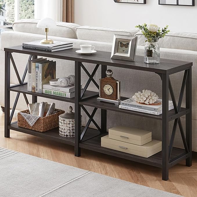 LVB Rustic Console Table, Industrial Modern Sofa Table Behind Couch, Long Metal Wood Entryway Table with Storage Shelf, Farmhouse Foyer Hallway Table for Home Living Room Bedroom, Dark Gray Oak, 63 in-Ruum Studio Home
