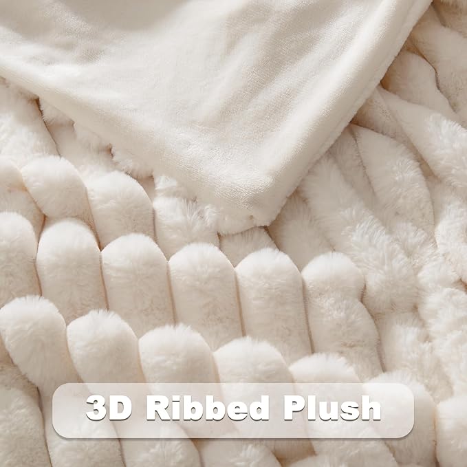 NEWCOSPLAY Faux Fur Twin Blanket Ivory 3D Ribbed Plush Thick Warm Blanket for Couch Sofa Bed 850GSM (Ivory Ribbed, Twin(60"x80"))-Ruum Studio Home