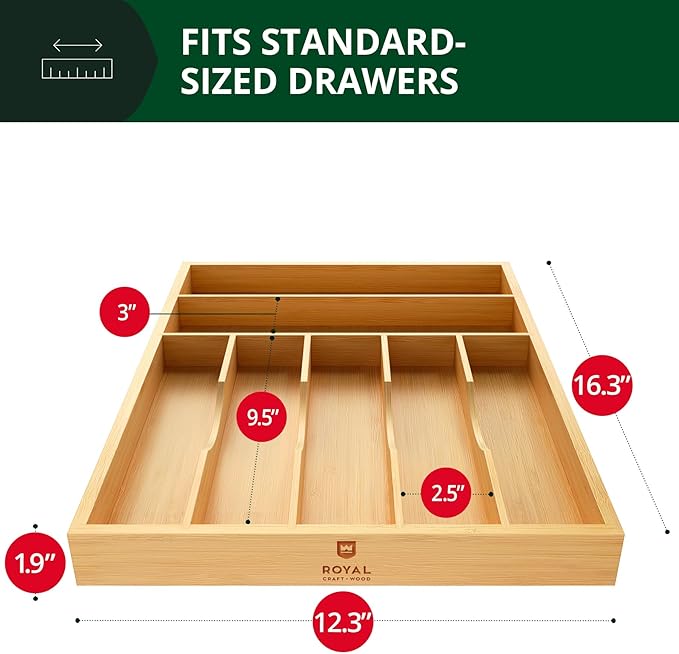 ROYAL CRAFT WOOD Luxury Bamboo Utensil Rack and Silverware Organizer, Kitchen Drawer Organizer - Utensil Holder and Cutlery Tray with Grooved Drawer Dividers for Flatware 7 Slot, Natural-Ruum Studio Home