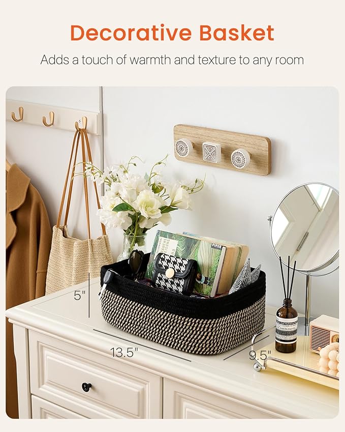 KALLAX Small Woven Basket, 13.5 x 9.5 x 5 Inches, Storage Basket for Organizing, Cute Small Rope Shelf Closet Cube Storage Bins Baskets for Shelves, Dog Toy Gift Baskets Empty, 3 Pack Black & Brown-Ruum Studio Home