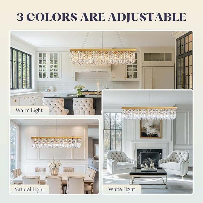 Modern Crystal Chandelier for Dining Room,Gold Luxury Crystal Chandelier,8 Lights Rectangular Rectangle Light Fixture for Living Room Kitchen Island L40''xW10''xH10''-Ruum Studio Home