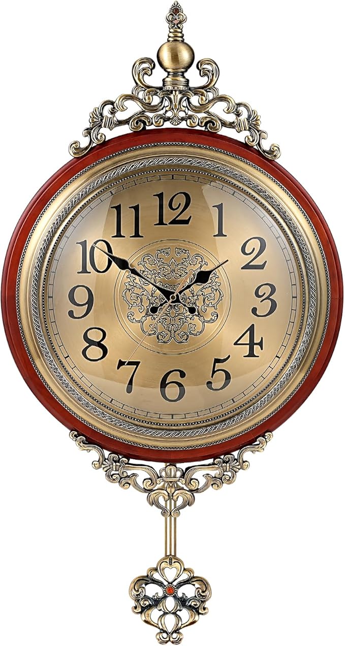 Vintage Wall Clock with Pendulum, 16 Inch Large Retro Metal and Glass Silent Clock for Living Room, Antique Wood Pendulum for Dining Room Office Home Decor-Ruum Studio Home