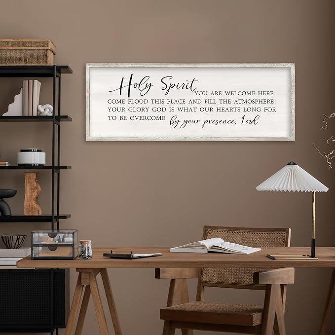 Holy Spirit You are Welcome Here Wall Decor Art 40x15 Inch Large Christian Song Bible Verse Plaque Wood Framed Sign Living Room Scripture Quote Religious For Office Wall Hanging (White)-Ruum Studio Home