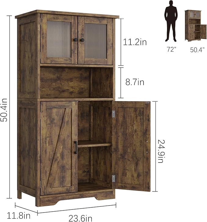 GarveeHome 54in Tall Bathroom Cabinet, Farmhouse Storage Cabinet with Glass Doors and Adjustable Shelves, Freestanding Kitchen Pantry Cabinets, Cupboard for Living Room, Dining Room, Rustic Brown-Ruum Studio Home