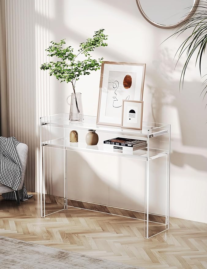 Acrylic Console Table, Entryway Table with Storage Shelves (1, 39.4 * 31.5 * 11.7) (Clear)-Ruum Studio Home