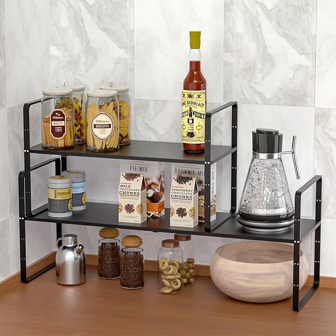 iPEGTOP Expandable Cabinet Storage Shelf Organizer Rack, Heavy Duty Steel Metal Spice Rack Adjustable Height Home Office Garage Pantry Shelf Space Riser for Counter Kitchen Organization, Black, 3 Pack-Ruum Studio Home
