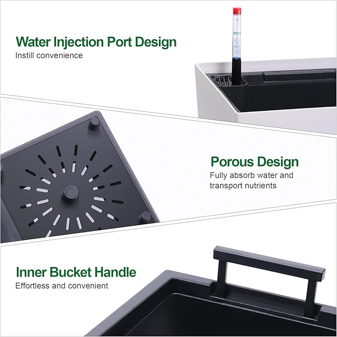 22.5" Tall Planters Set of 2, Outdoor＆Indoor Black Planter Pots, High Front Porch Planter Pots with Drainage Holes＆Water Level Monitor＆Inner Bucket, Automatic Watering, White-Ruum Studio Home