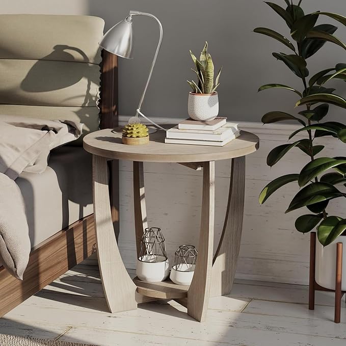 Rustic Farmhouse End Table with Storage Shelf, French Country Accent Side Table for Family, Dinning or Living Room, Small Spaces, Modern, Round, Vintage Grey Finish-Ruum Studio Home