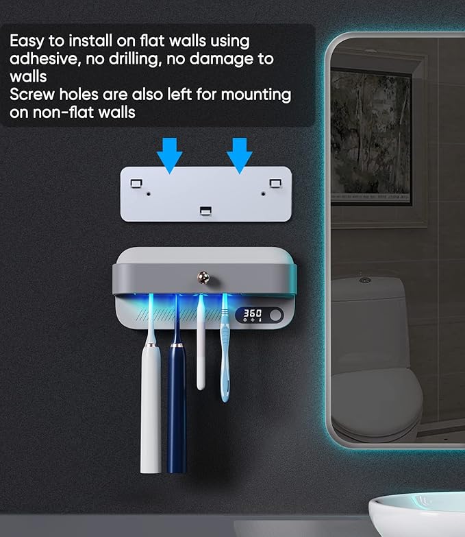 StarWin UV Toothbrush Dryer Holder, Heating Plate and Fan Drying Function, Rechargeable and Timing Tooth Brush Holder Wall-Mounted for Bathroom, No Drilling, 4 Slots-Ruum Studio Home
