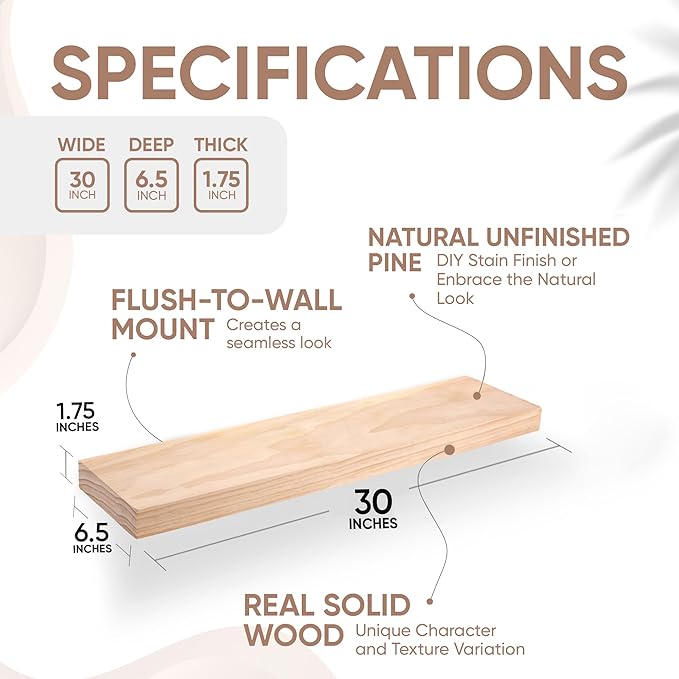 Homeforia 30 inch Wood Floating Shelves, High End Solid Natural Wood 30inch Floating Shelf for Wall, Unfinished Wooden 30 inches Floating Shelves, Heavy Duty Bracket, 30 X 6.5 X 1.75 in, Set of 2-Ruum Studio Home