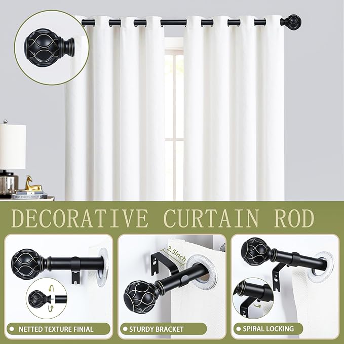 Black Adjustable Curtain Rods for Windows:66-120" Farmhouse Heavy Duty Curtain Rod for Bedroom Living Room,Boho Decorative Rustic Drapery Rods with Vintage Coastal Texture Finial,Matte Black-Ruum Studio Home