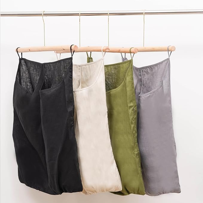 100% Pure Linen Dual Hanging Laundry Bag with 2 Deep Pocket and 2 Side Zipper 20x27in, Over The Door Laundry Hamper Space Saving Hampers for Dirty Clothes Home Travel, Green-Ruum Studio Home