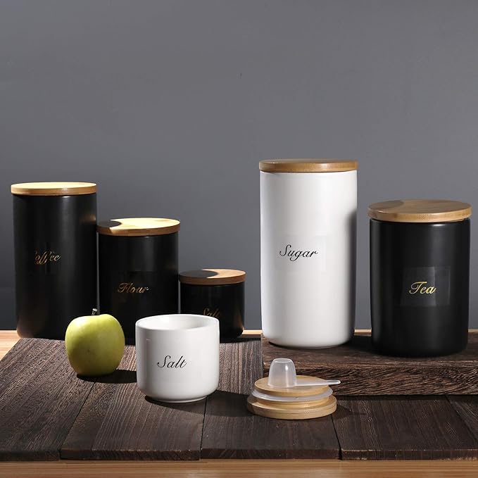 Yangbaga Black Canisters Sets for Kitchen-Set of 3 Coffee Canisters for Countertop with Airtight Wood Lids/Spoons/Stickers, Ceramic Food Storage Containers for Large Suger,Coffee,Tea (42/30/9OZ)-Ruum Studio Home