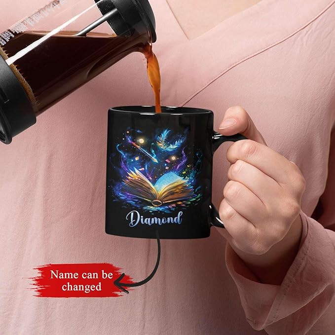 Personalized Sparkling Book Coffee Mug, Custom Name Enchanted Book Design Cup, Customized Fantasy Inspired Ceramic Mug, Gift For Women Men, Book Enthusiasts Black Cup 11oz Or 15oz-Ruum Studio Home