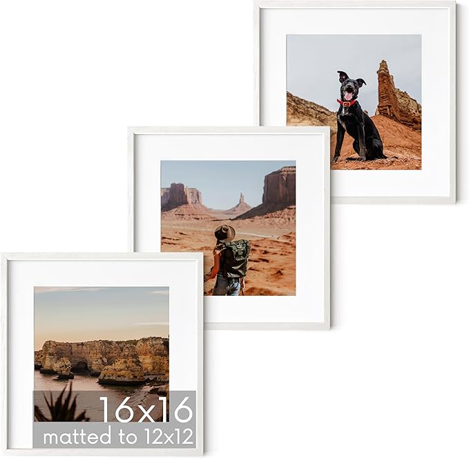HAUS AND HUES Solid Oak Wood 16â€x16â€ Picture Frames Matted to 12â€x12â€ Set of 3-16x16 Square White-Poster Frames, Square Frames 16x16 for-Wall, White Wood Picture Frames, 16 x 16 Matted White Frames-Ruum Studio Home