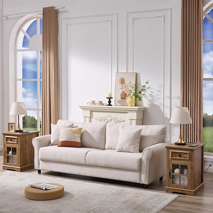 Farmhouse XXL End Table with Charging Station, Side Table with USB Ports and Outlets, Nightstand with Drawer and Glass Door Storage, Log Color Bedside Tables for Living Room, Bedroom, Office-Ruum Studio Home