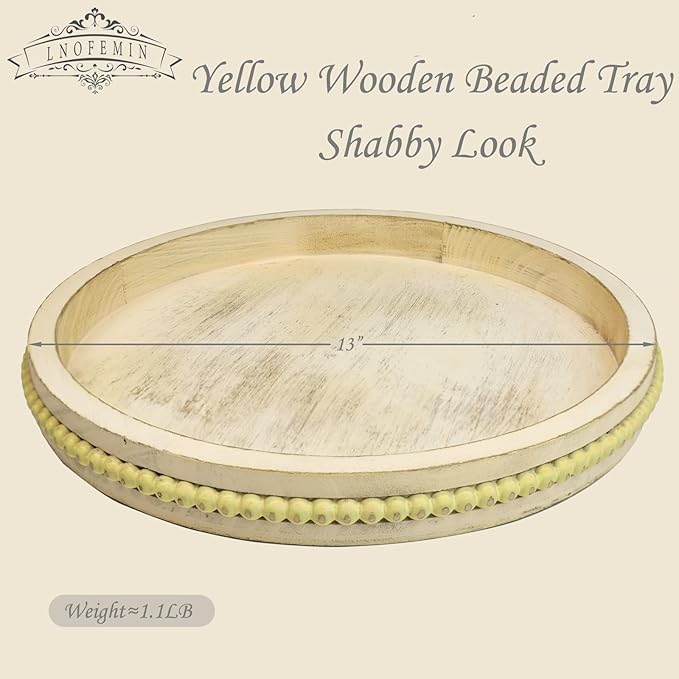 Round Wood Serving Tray with Beads, Yellow Washed Wooden Decorative Tray for Entertaining, Decoration, and Gifting-Ruum Studio Home