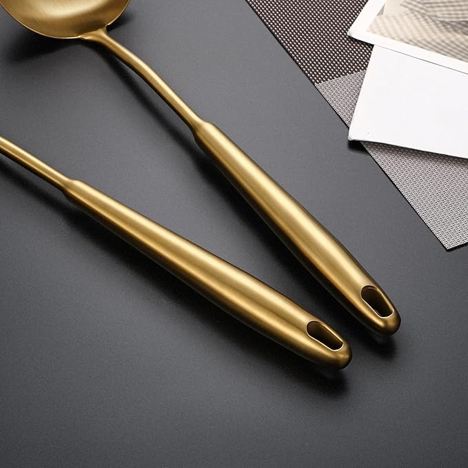 304 Stainless Steel Cooking Utensils,6 Pcs Kitchen Cooking Utensils Set with Spatula, Solid Spoon, Ladle, Skimmer, Spaghetti Spoon,Dishwasher Safe(Gold)-Ruum Studio Home