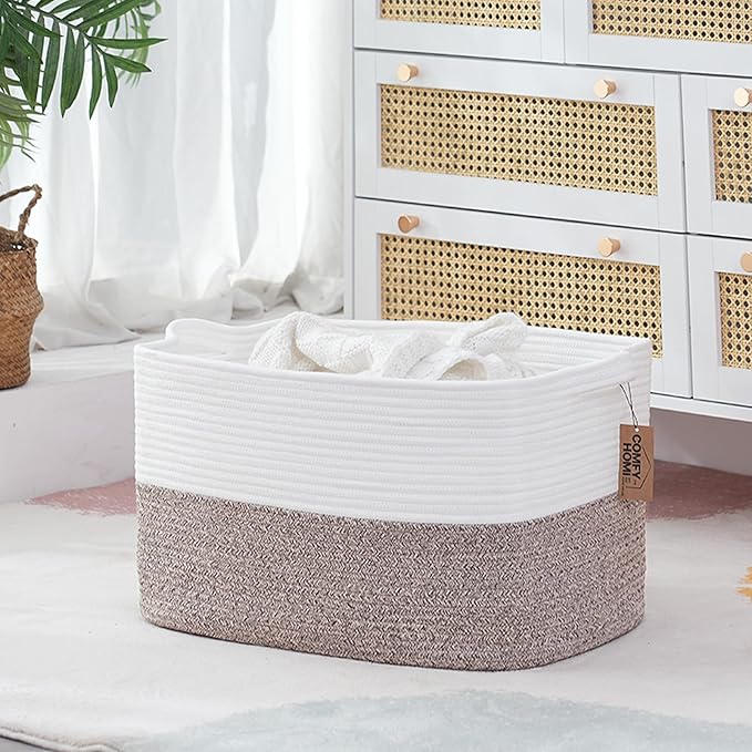 COMFY-HOMI Large Laundry for Organizing|Rectangle Cotton Rope Storage with Handles|Blanket for Living Room|Woven Laundry for Towels, Toys, Clothes-22x15x12”-White/Brown-Ruum Studio Home