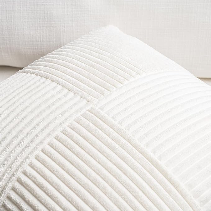 Fancy Homi Set of 2 Cream White Boho Long Lumbar Body Decorative Throw Pillow Cover 14x36 Inch for Bed Couch Bedroom Bench, Soft Patchwork Corduroy Textured Pillow Case, Rustic Farmhouse Room Décor-Ruum Studio Home