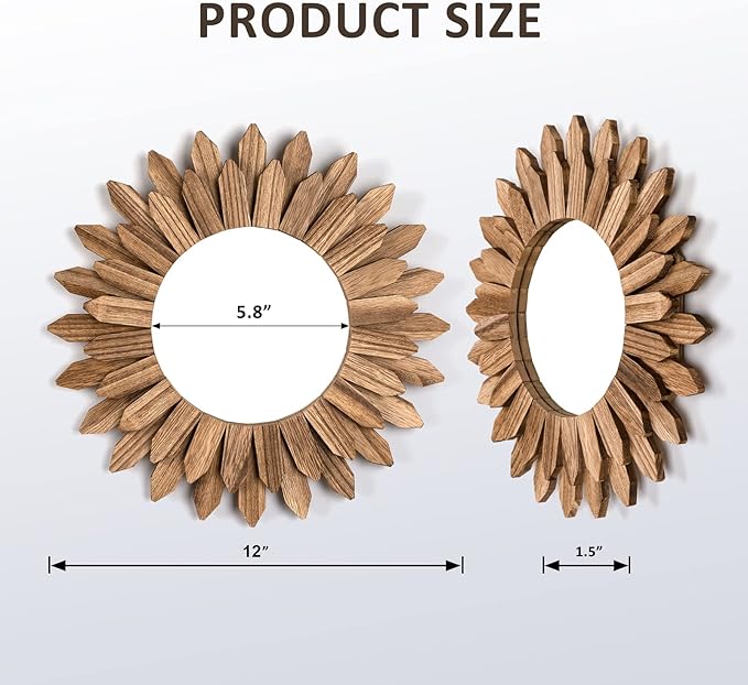 Honiway Wall Mirror Decorative 12 inch Rustic Wood Mirror Sunburst Boho Mirror for Entryway Bedroom Living Room Bathroom House Warming Gifts New Home Essential Carbonized Black-Ruum Studio Home