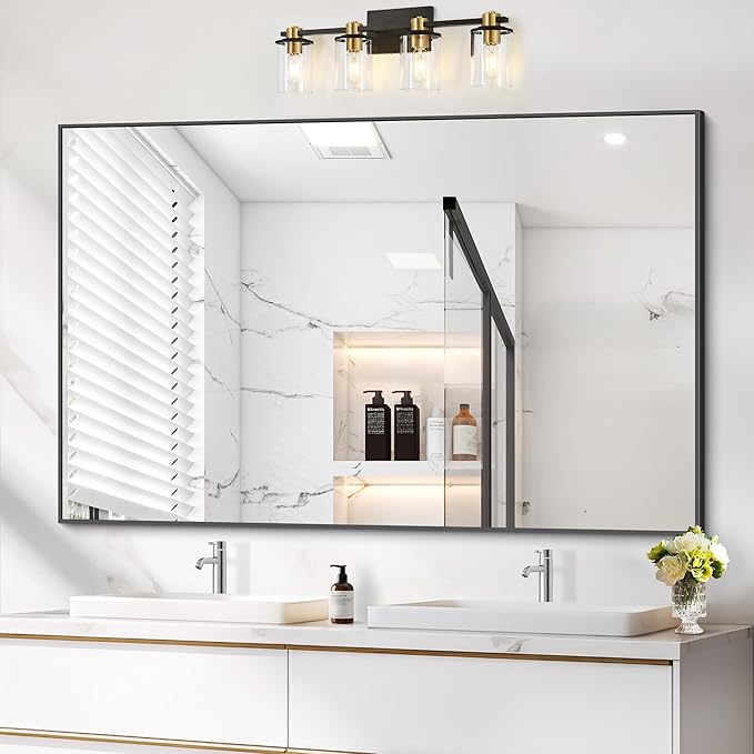 Black Bathroom Mirror, 48"X36" Rectangle Mirrors for Wall Metal Frame, Modern Vanity Wall Mirror for Bathroom Living Room, Entryway Hangs Horizontal or Vertical-Ruum Studio Home
