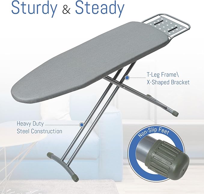 Ironing Board Full Size, BlissBoard 43"x13" Sturdy Heavy Duty Iron Board with Iron Rest, Heat Resistant Cover with Ultra Thick Padding, Height Adjustable, Silver-Ruum Studio Home