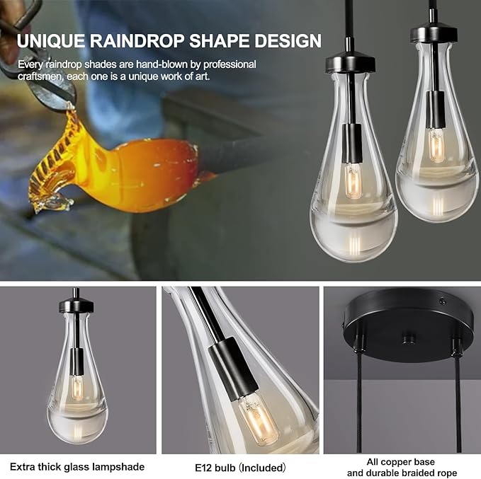 Black Raindrop Pendant Lights Kitchen Island, Bronze 2-Light Cluster Pendant Light for Dining Room, Dimmable Hanging Pendant Lighting Bedroom Light Fixture Ceiling Chandelier for Foyer-Ruum Studio Home