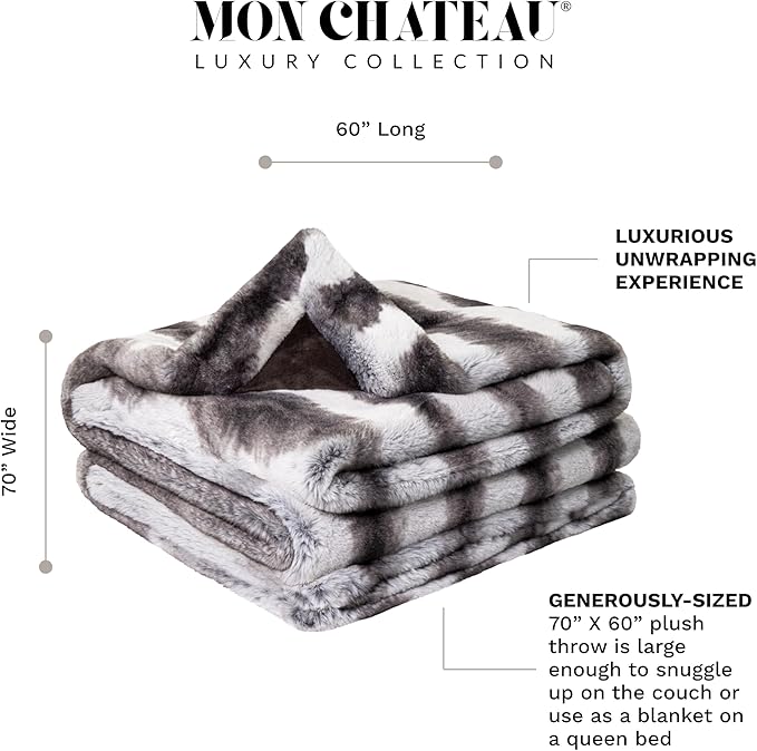 Mon Chateau Luxury Printed Faux Fur Throw with 6cm Foldover for Couch, Sofa, or Bed - Plush Ultra Soft Blanket for Sleeping or Home Décor, 60" x 70" (Striped)-Ruum Studio Home