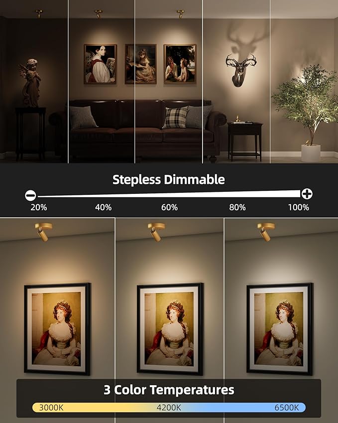 EZVALO LED Spotlight Indoor, 5500mAh Rechargeable Battery Uplighting Indoor, Wireless Mini Art Accent Spot Lights with Remote, for Plants Display Painting Dartboard Artwork Portrait Closet(4Pack-Gold)-Ruum Studio Home