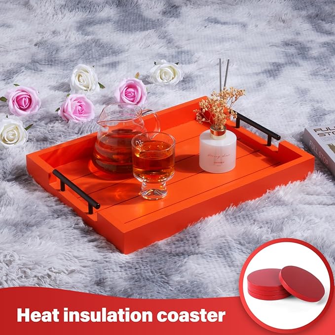 Ottoman With Handle for Living Room - Set of 4 Natural Wooden Coasters - Rustic Serving Tray for Coffee Table - Kitchen Decorative Tray With Handles (Orange)-Ruum Studio Home