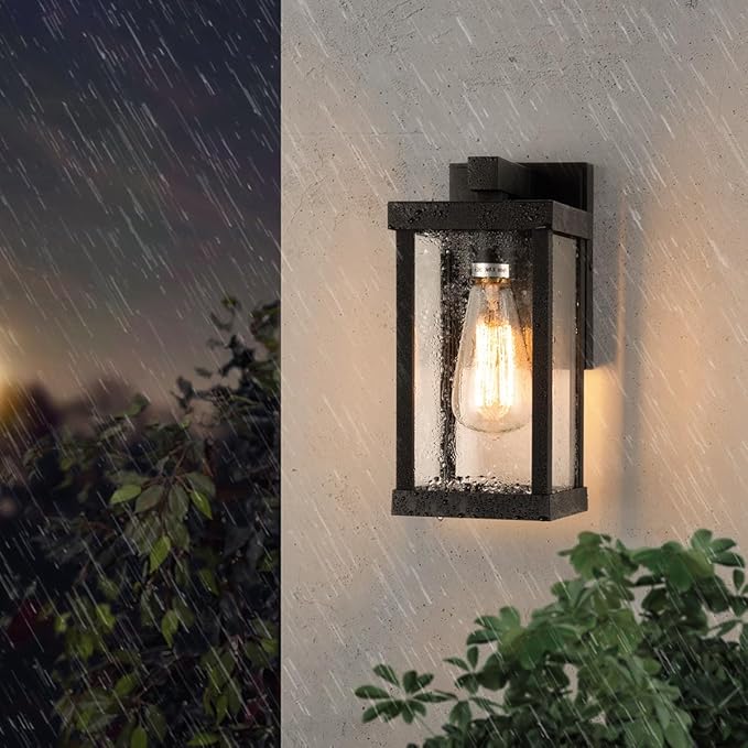 mirrea 11" Classic Outdoor Wall Sconce 1 Light in Matte Black Rectangular Metal Frame and Clear Glass Shade Waterproof Porch Light Patio Light Pack of 2-Ruum Studio Home