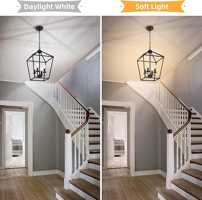 4 Light Chandelier, Industrial Ceiling Light Black Lantern Light Fixtures with Farmhouse Metal Cage Adjustable Height Rustic Geometric Hanging Light E12 Base for Kitchen Island, Entryway, Indoor-Ruum Studio Home