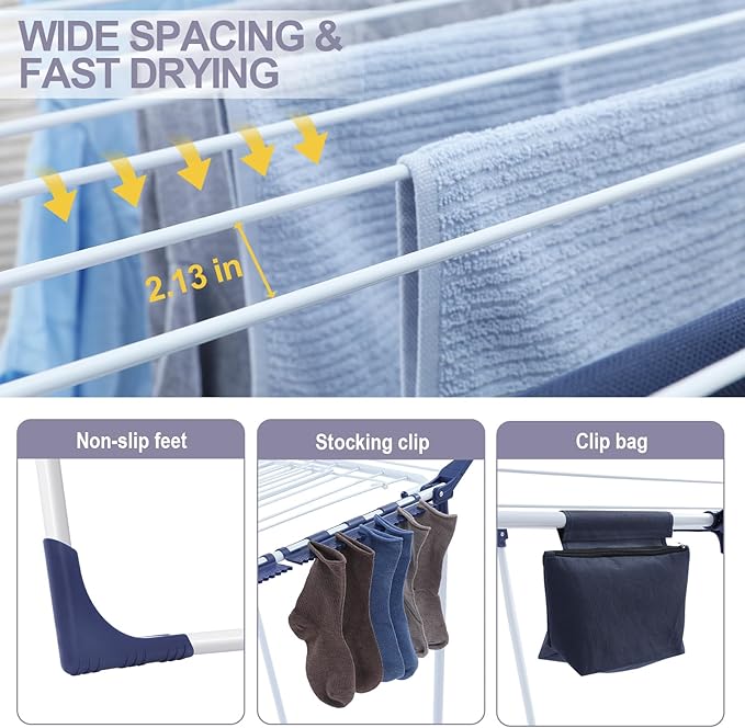 APEXCHASER Clothes Drying Rack Foldable, Drying Rack Clothing Large Space, Winged Laundry Rack with Sock Clips for Hanging Towels Clothes Dress Bedding Indoor Outdoor, White-Ruum Studio Home