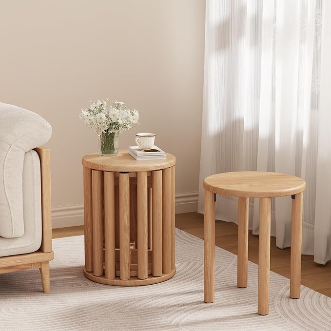 Stackable Stools Set of 4,4-in-1 Wood Stool,Round Wooden Stools with Anti-Slip Foot Pads for Kitchen,Bedroom,Living Room,Bar,No Assembly Required Durable and Space-Saving Design,18 inch (Natural)-Ruum Studio Home