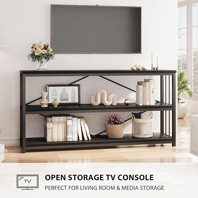 LVB Black Entryway Table, Modern Narrow Console for Hallway, Industrial Farmhouse Foyer Table with Storage Shelves, 63 Inch-Ruum Studio Home