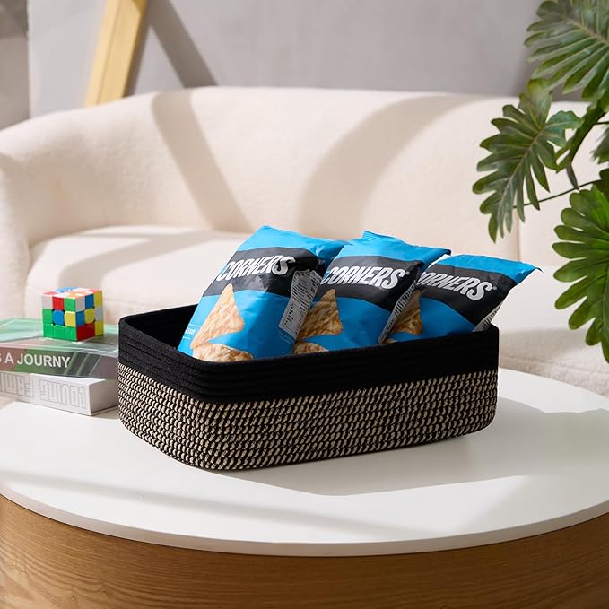 Large Shallow Organizing Baskets 15x11x5.1 Inches - Rope Woven Storage Bins for Bathroom, Shelves, Cube Closet, Black Woven Brown 2 Packs-Ruum Studio Home