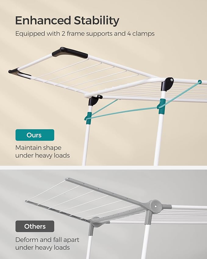 SONGMICS Clothes Drying Rack Foldable, Gullwing Laundry Drying Rack, Space-Saving, 22.2 x 68.1 x 38 Inches, Sock Clips, Metal Structure, for Clothes, Towels, Linens, Indoor, Outdoor White ULLR518W01-Ruum Studio Home
